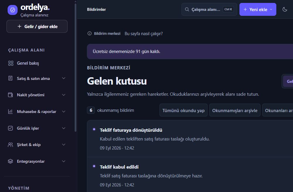 Örnek cari ve teklif işlemlerinin bildirim kutusunda görünümü