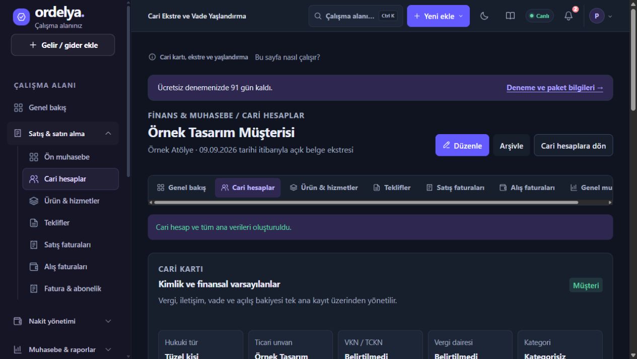 Oluşturulan cari kartın kimlik ve finansal varsayılanları
