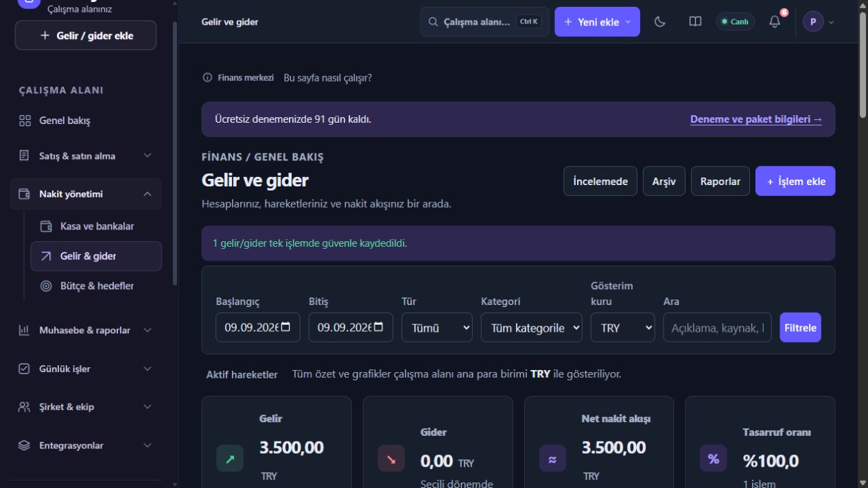 3.500 TRY örnek gelir kaydının finans özetine yansıması