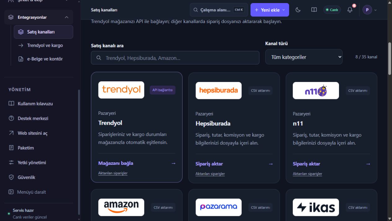 API bağlantısı ile CSV aktarımının kanal kartlarında ayrılması